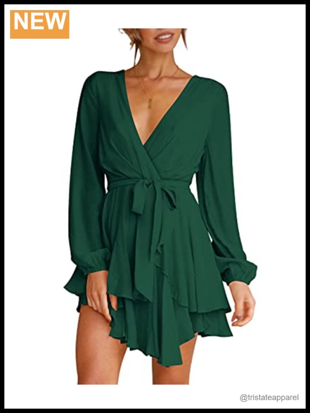 Women's Deep V-Neck Long Sleeve Waist Tie Ruffle Mini Skater Dress